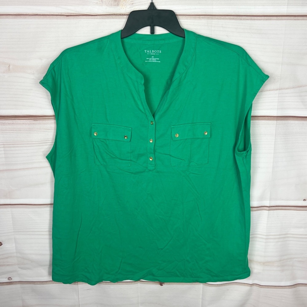 Talbots Top Womens 2X Green Henley T-Shirt Pockets Cap Sleeve Cotton Modal Knit